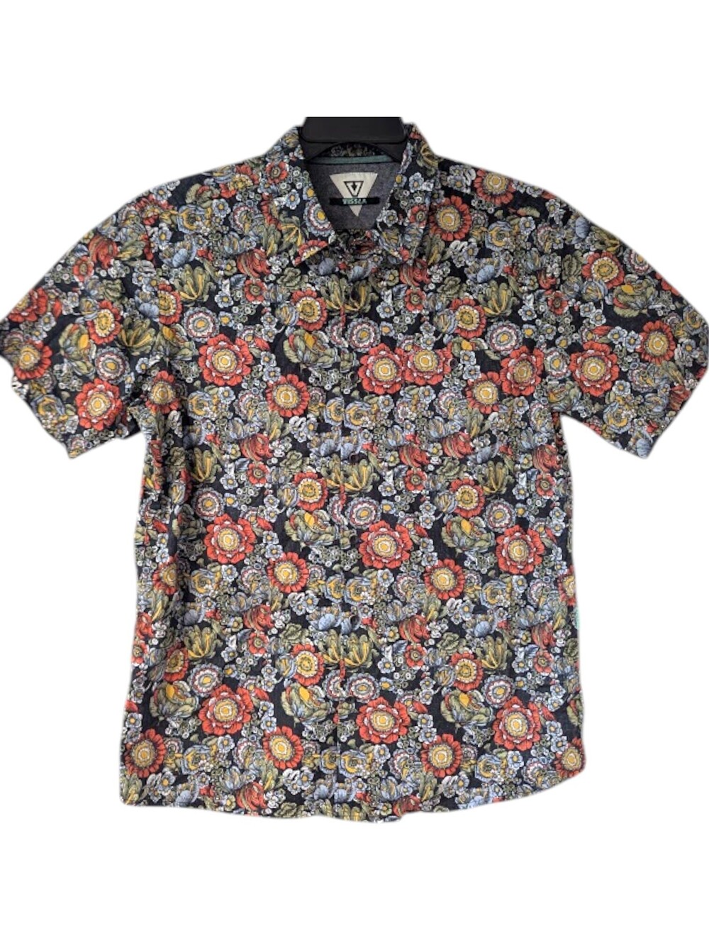 Vissla Muy Bueno Eco Button Up Shirt L Black Floral Short Sleeve Surf Prep 22x29